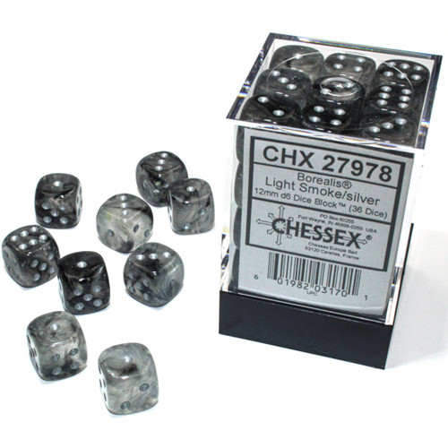 Chessex 12mm d6 Set: Borealis Luminary Light Smoke/Silver (36)