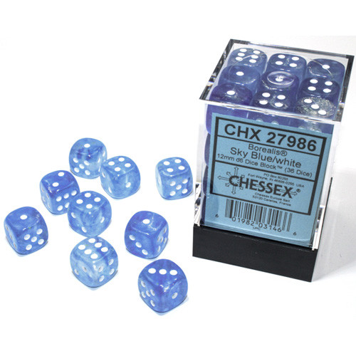 Chessex 12mm d6 Set: Borealis Luminary Sky Blue/White (36)