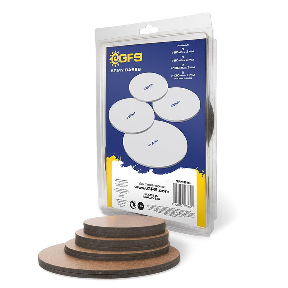 Army Bases: MDF Round Bases 80mm (3), 90mm (3), 100mm (2), 130mm (2)