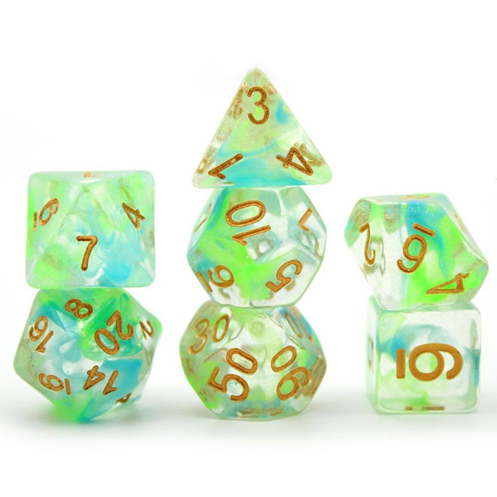 Game Plus Products 16mm Resin Dice: Nebula - Yellow and Green Swirl w/ Chameleon Glitter (7) (Preorder)