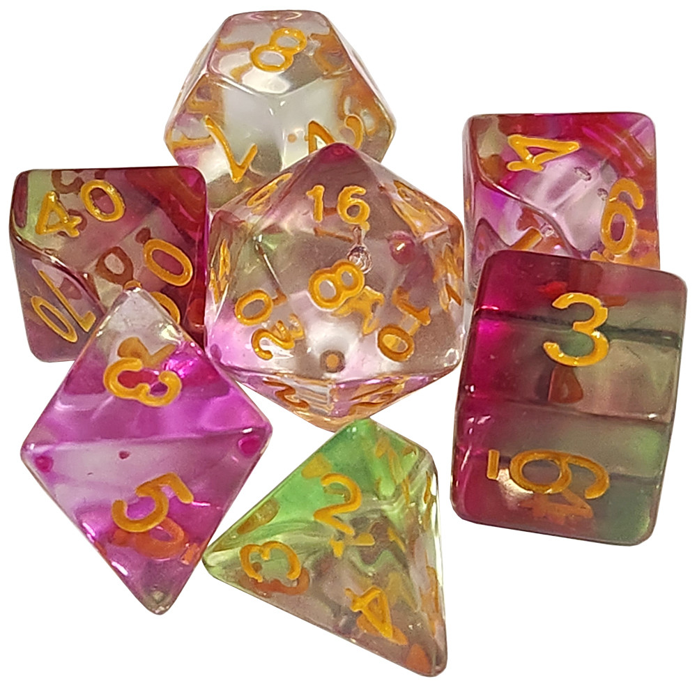 Game Plus Products 16mm Resin Dice: Transparent - Green/Pink Swirl (7)