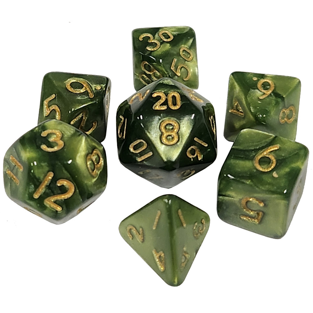 Game Plus Products Dice: Pearl - Green w/ Gold Numbers (7)