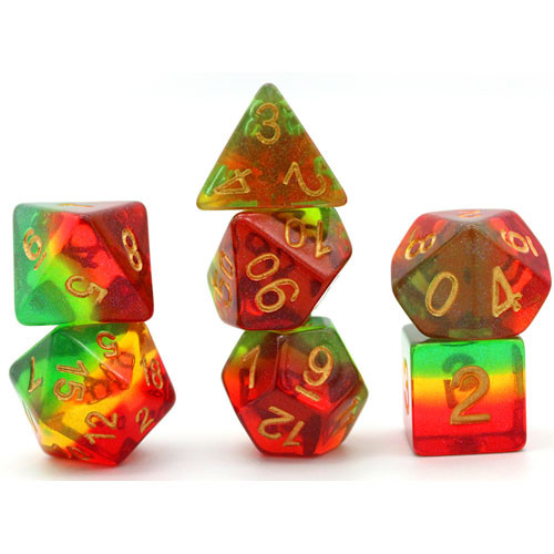 Game Plus Products Dice: 16mm Layered Glitter - Red/Yellow/Green (7)