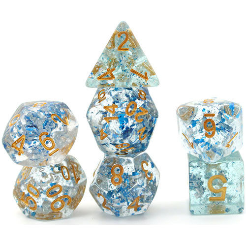 Game Plus Products Dice: 16mm Glitter Blue Foil - Clear w/ Gold (7)