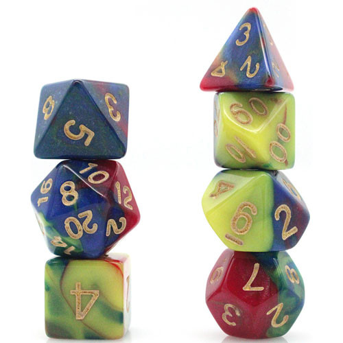 Game Plus Products Dice: 16mm Swirl - Blue/Red/Yellow w/ Gold (7 ...