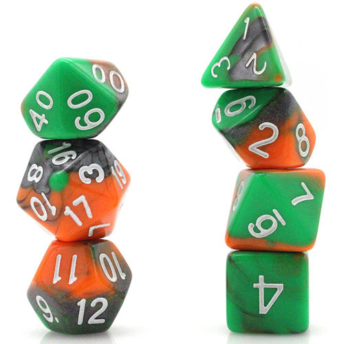 Game Plus Products Dice: 16mm Swirl - Silver/Green/Orange w/ White (7)