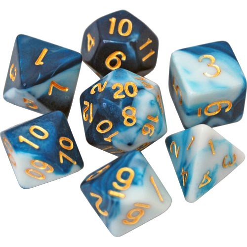 Game Plus Products Dice: 16mm Swirl - Aegean/White w/ Gold (7)