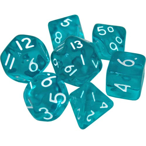 Game Plus Products Dice: 10mm Transparent - Teal w/ White (7)