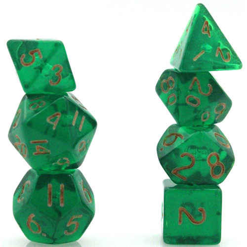 Game Plus Products Dice: 10mm Transparent - Green w/ Gold (7)