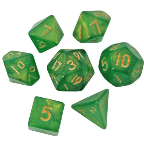 Game Plus Products Dice: 10mm Pearl - Green w/ Gold (7)