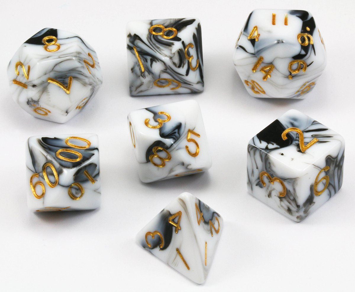 Game Plus Products Dice: 16mm Swirl - Black/White w/ Gold (7)