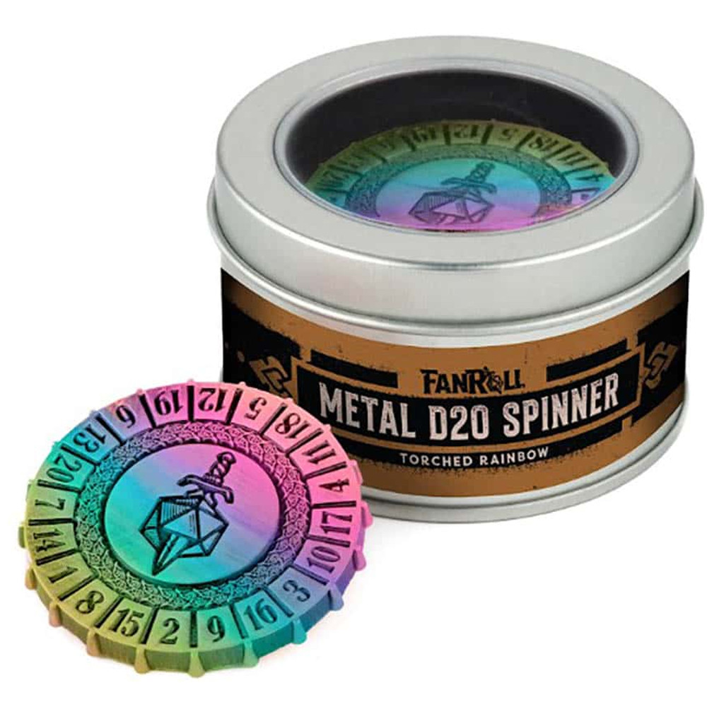 Metal D20 Spinner: Torched Rainbow
