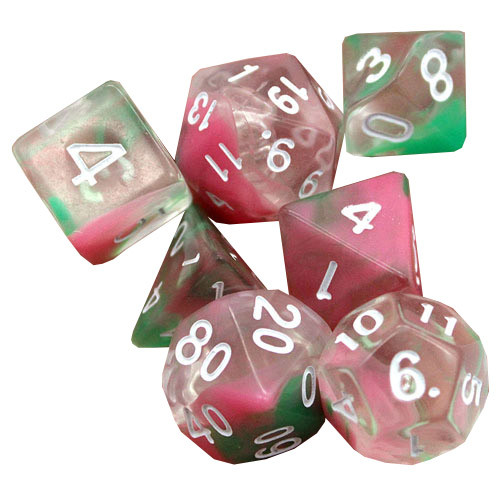 Game Plus Products Dice: 16mm Transparent Swirl - Green/Pink w/ White (7)