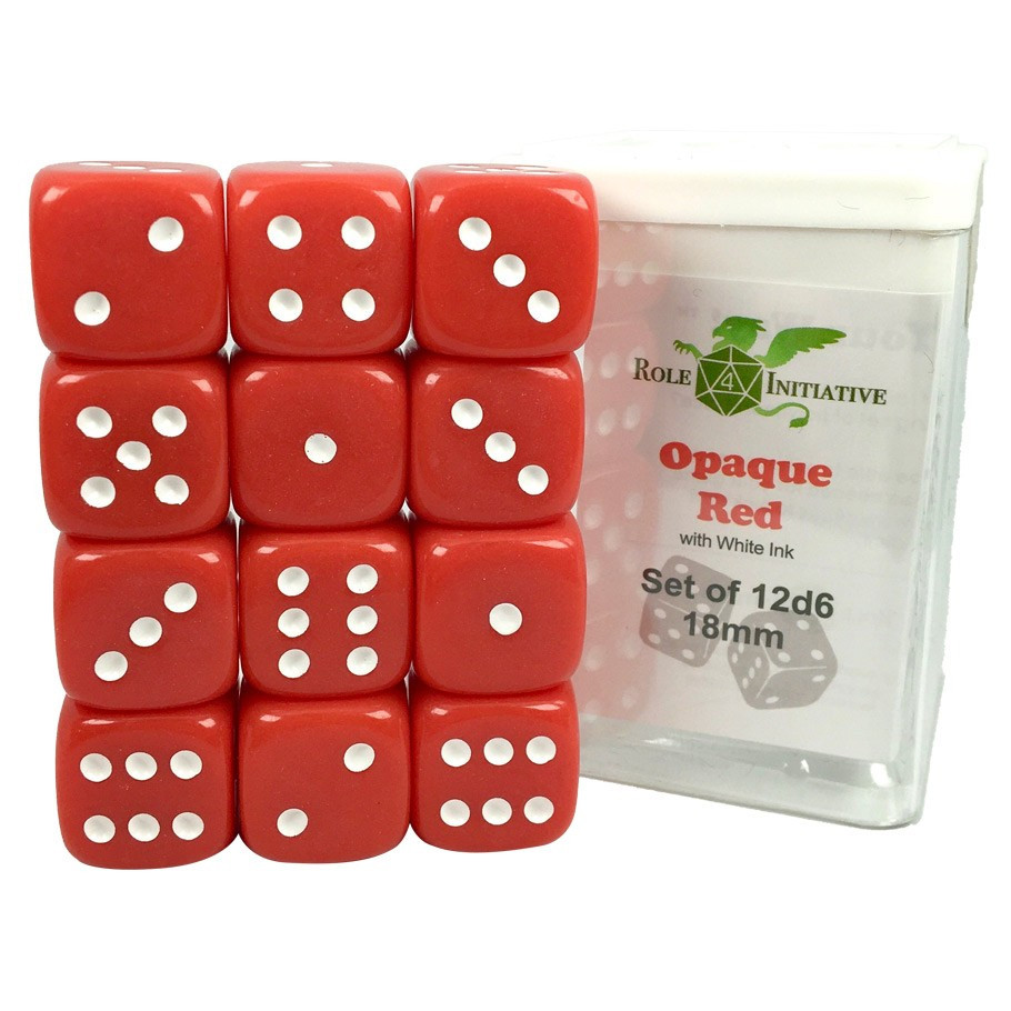 18mm d6 Cube: Opaque - Red w/ White Pips (12)