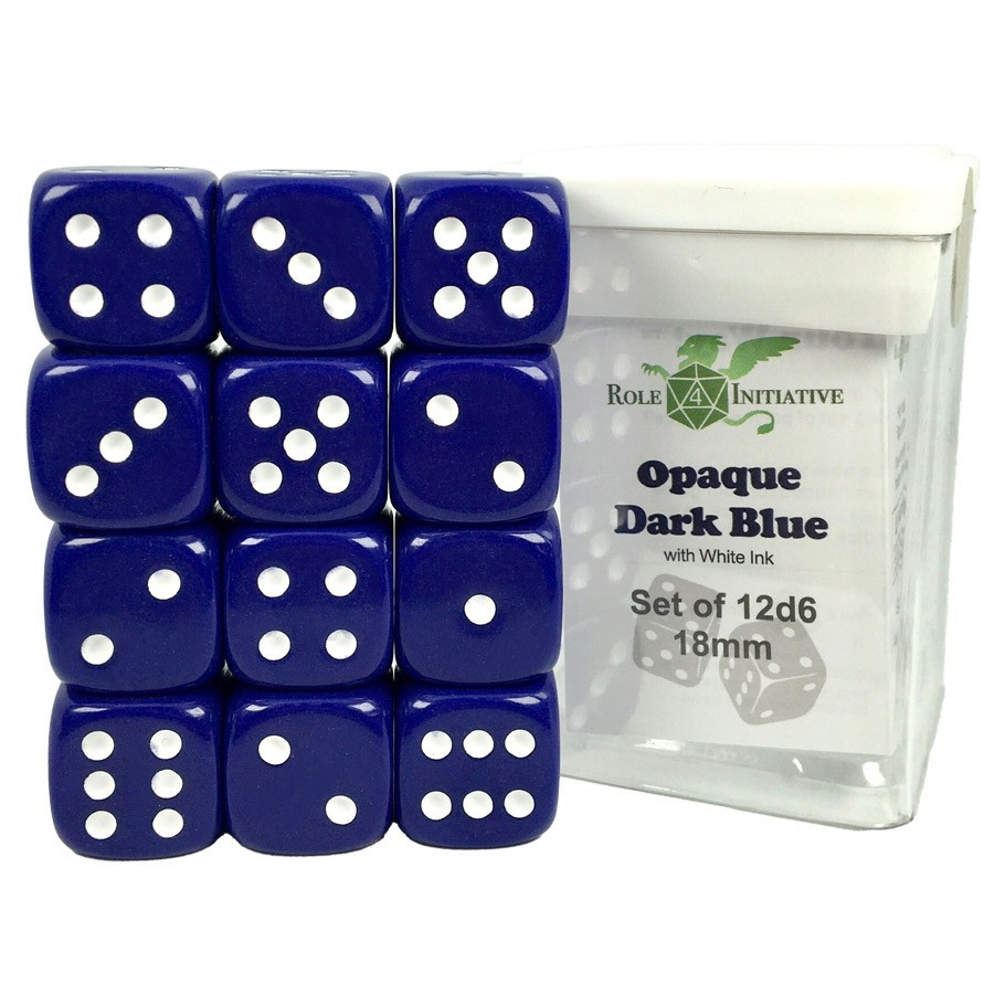 18mm d6 Cube: Opaque - Dark Blue w/ White Pips (12)