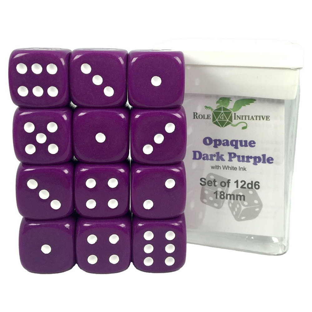 18mm d6 Cube: Opaque - Dark Purple w/ White Pips (12)