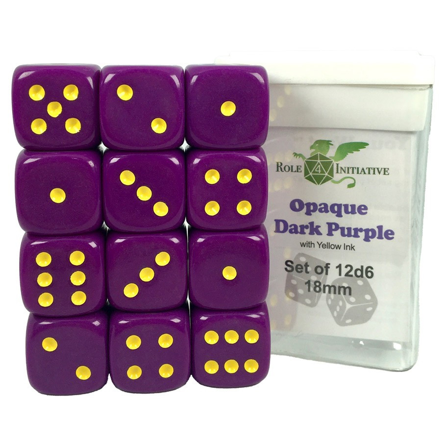 18mm d6 Cube: Opaque - Dark Purple w/ Yellow Pips (12)