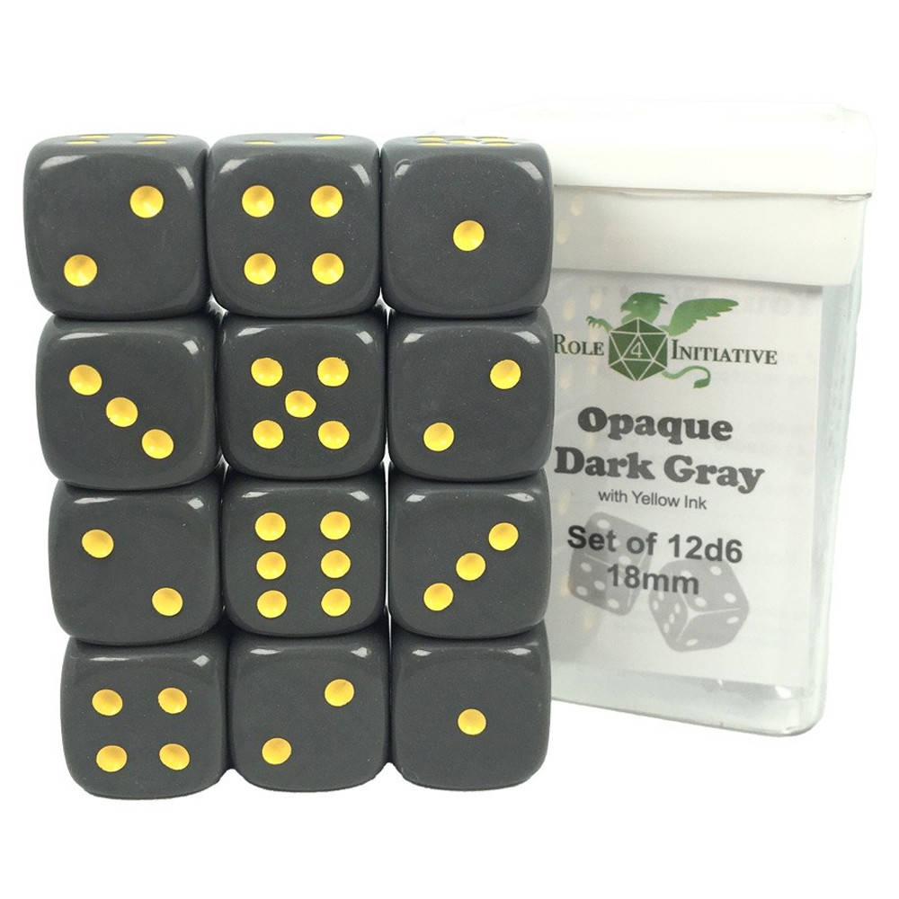 18mm d6 Cube: Opaque - Dark Gray w/ Yellow Pips (12)