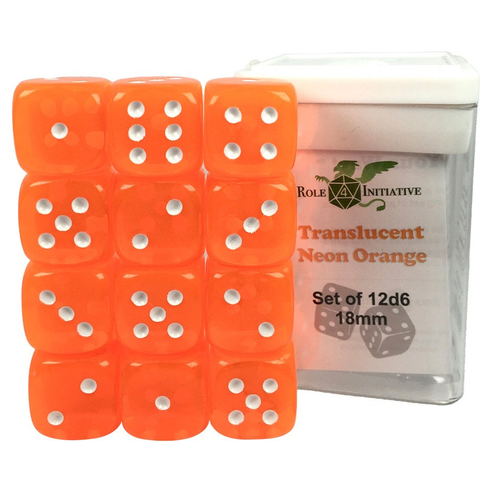 18mm d6 Cube: Translucent - Neon Orange w/ White Pips (12)