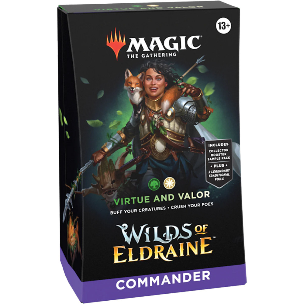 Magic The Gathering Wilds of Eldraine Commander Deck - Virtue and Valor  (100-Card Deck, 2-Card Collector Booster Sample Pack + Accessories)