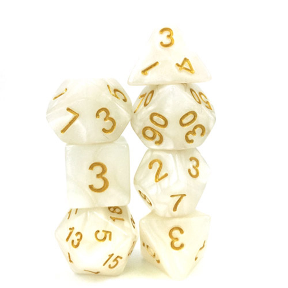 Game Plus Products 10mm Resin Dice: Pearl - White w/ Gold Numbers (7) (New Arrival)