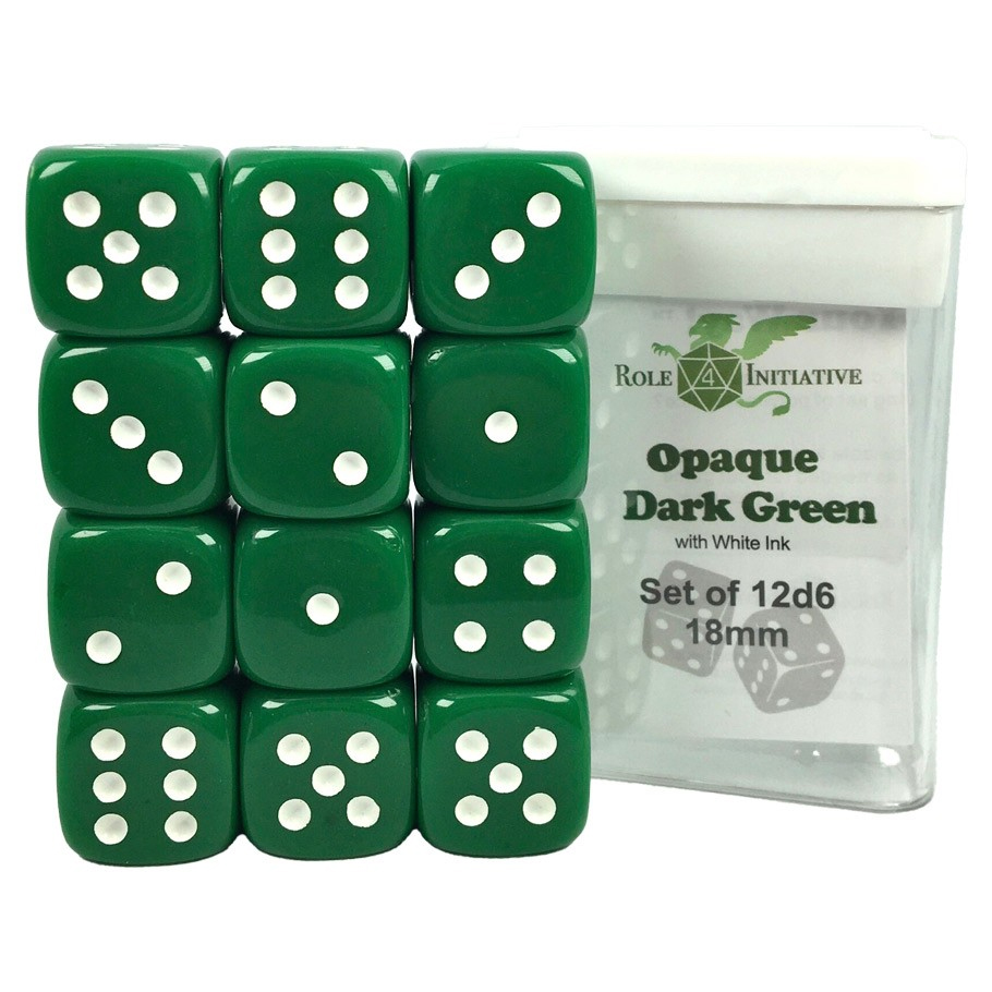 18mm d6 Cube: Opaque - Dark Green w/ White Pips (12), Accessories