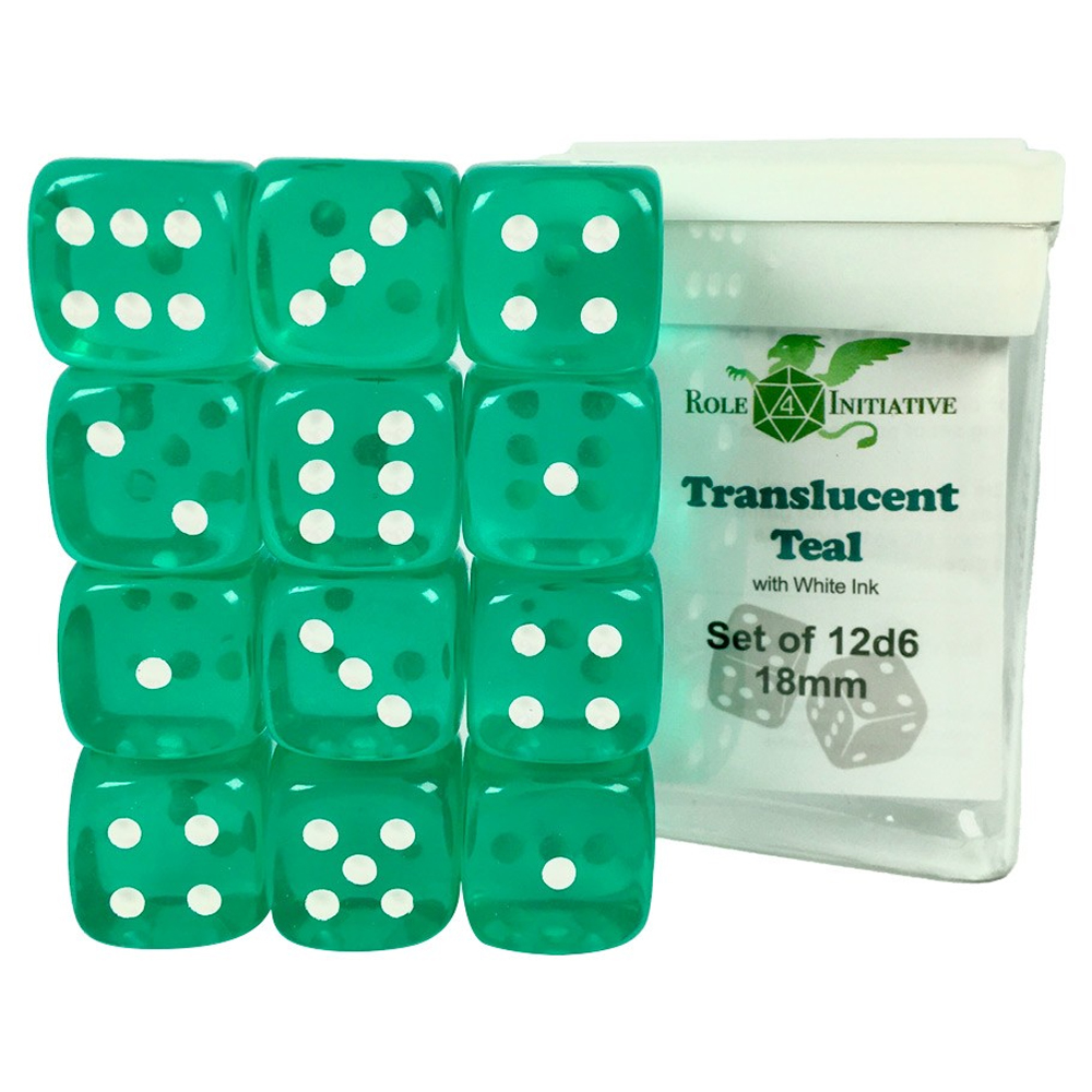 18mm d6 Cube: Translucent - Teal w/ White Pips (12) (Last Chance)