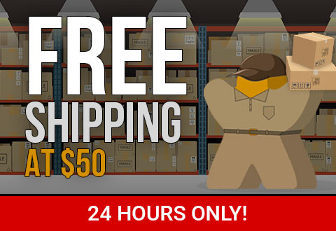 Free Shipping at $50 purchase. 24 Hours only. A meeple dressed in a mail man outfit surrounded by boxes